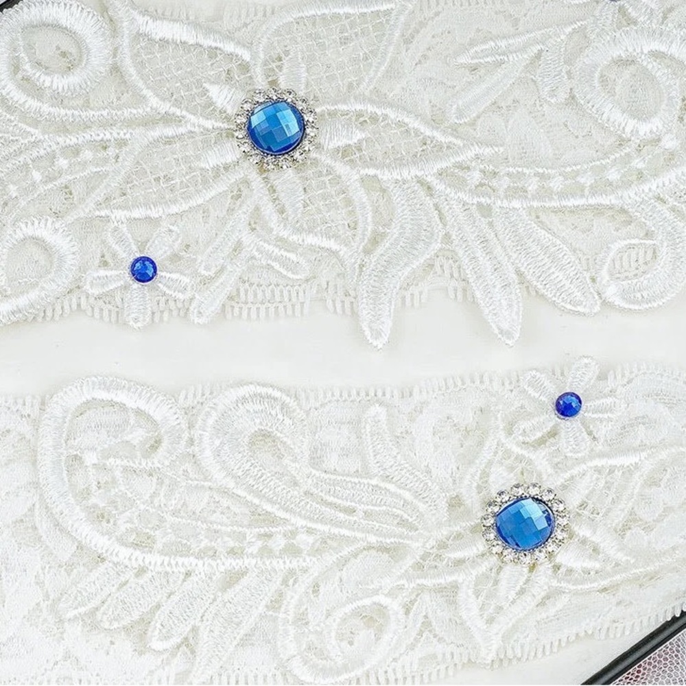 Elegant off White Lace Garter with Blue Gemstones
